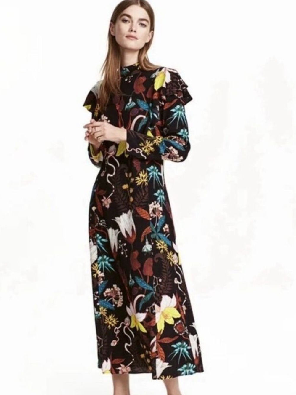 H&M Floral Ruffled Maxi Dress Sz 2 Dark Feminine Boho Autumn Bloggers Favorite
